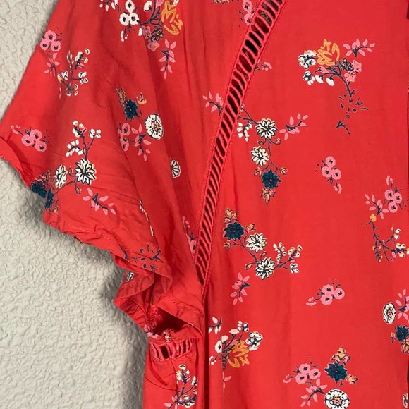 ModCloth Butterfly Sleeve Floral Print Open Embroidery Raw Hem Women's Dress Lrg - Picture 10 of 11